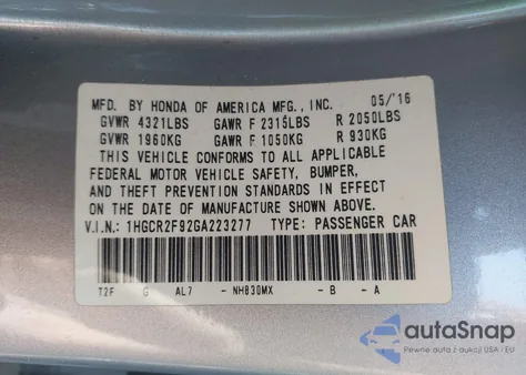 2016 Honda Accord Ex-L из США, поврежденный, VIN 1HGCR2F92GA223277